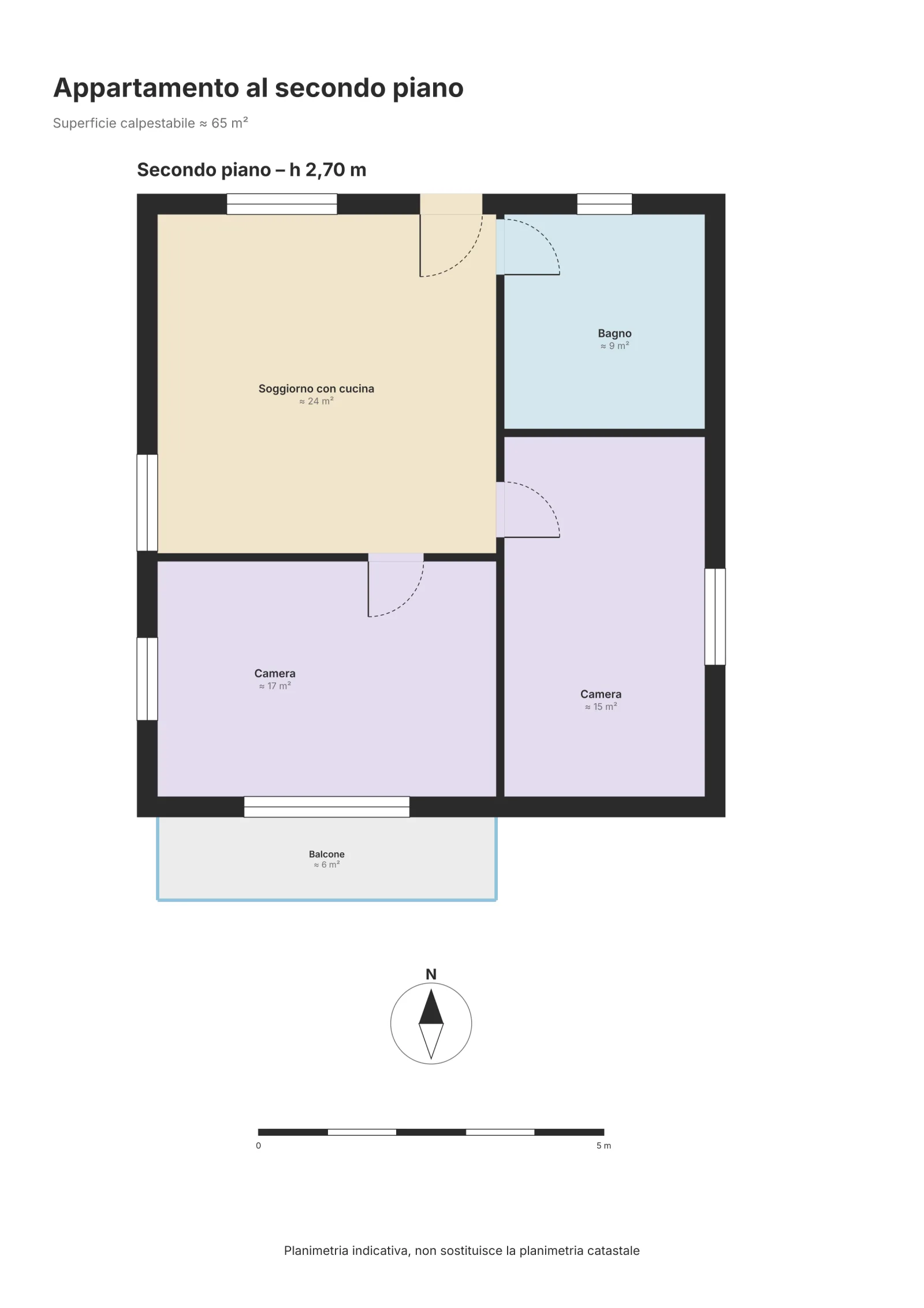 Pianta 2D di un appartamento al secondo piano di circa 65 m²: soggiorno con cucina, due camere, bagno e balcone, con superfici approssimate, nord e barra di scala.