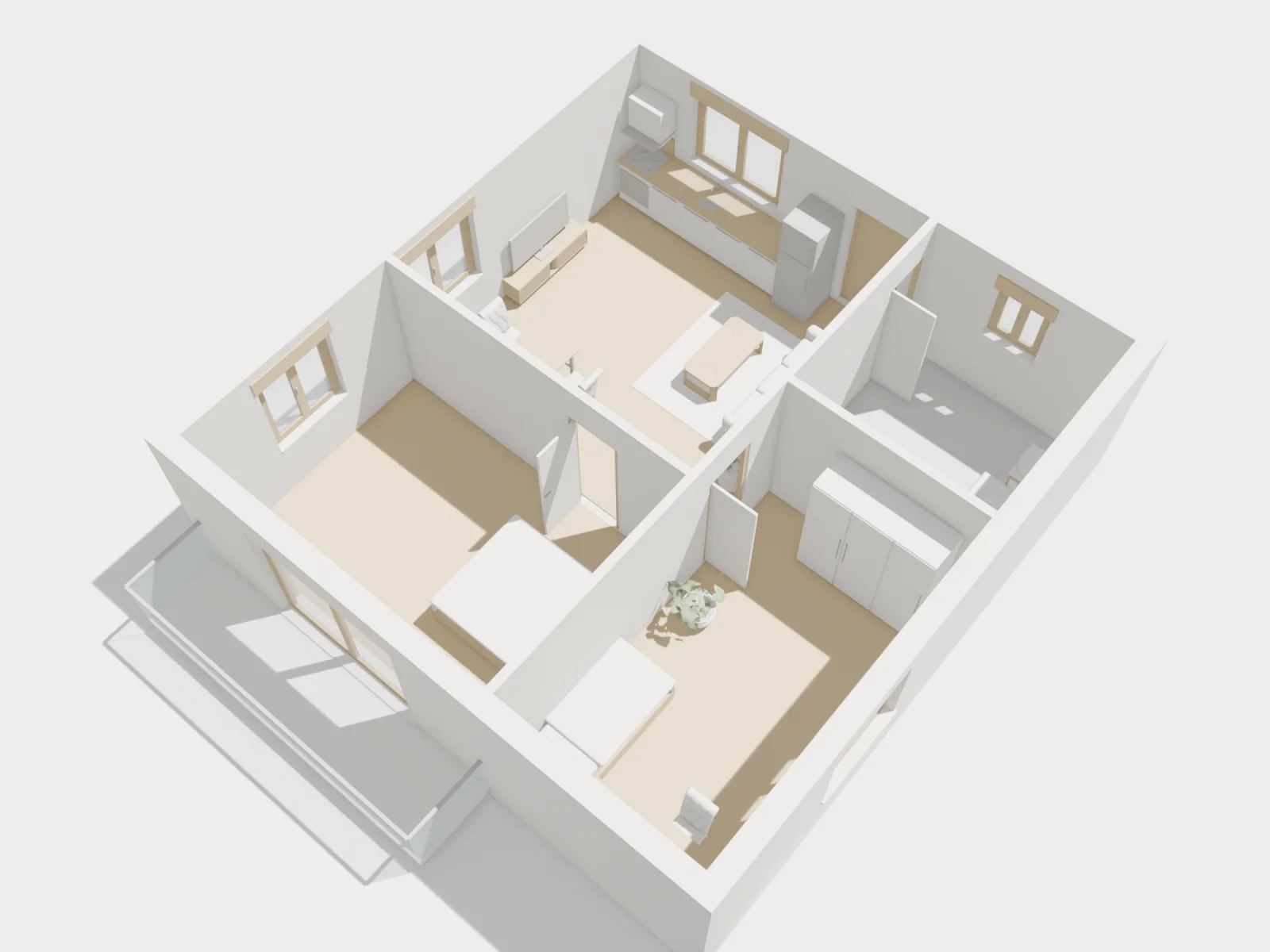 Vista 3D dall'alto dello stesso appartamento, senza soffitto, in stile plastico con arredi indicativi.